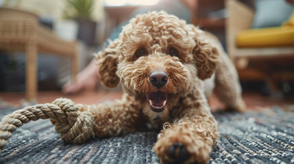  Playful poodle puppy chewing on a rope toy on a textured rug.