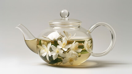 Glass teapot with blooming jasmine tea flowers on a white background.