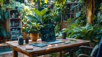 Laptop on a wooden desk surrounded by lush plants in a garden setting.