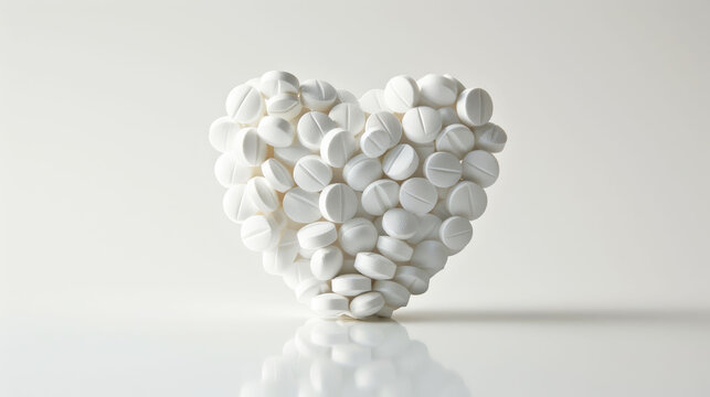 Heart made of white pills on a reflective surface, concept of health care.