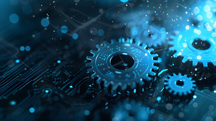 Futuristic Blue Gear wheel on circuit board, digital engineer concept hi-tech illustration.