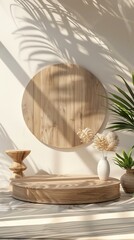 Beautiful round wooden empty podium with space for a product, ligth blue background, for product stage, skincare product