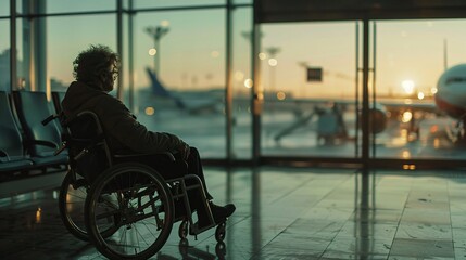 Lone traveler in a wheelchair pausing by the bustling airport gate a story of anticipation - obrazy, fototapety, plakaty