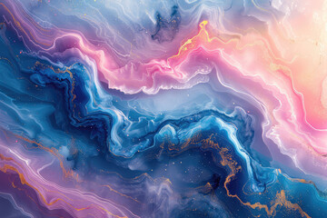 Abstract background with swirls of pink, blue and purple in an ethereal style, with gold highlights and textures that resemble marble or iridescent clouds. Created with Ai
