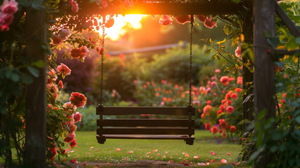Rustic Garden Swing Surrounded by Climbing Roses at Sunset