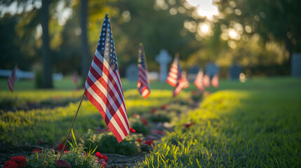 American flags marking graves at a military cemetery during a remembrance event.