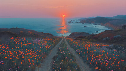 A winding coastal road leading to the ocean, lined with wildflowers and sunset, painted in the style of soft pastel hues of pink, orange, lavender, and teal. Created with AI