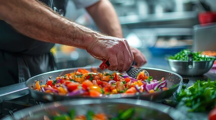 Chef seasoning colorful stir-fried vegetables in a pan in a commercial kitchen.