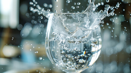Dynamic splash of water in a glass on a blurred background.