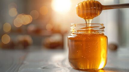 Honey dipper drizzling honey into a jar with sunlight and soft bokeh.