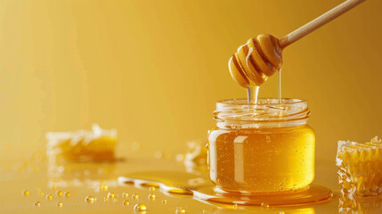 Honey dripping from a dipper into a jar against a golden backdrop. - obrazy, fototapety, plakaty