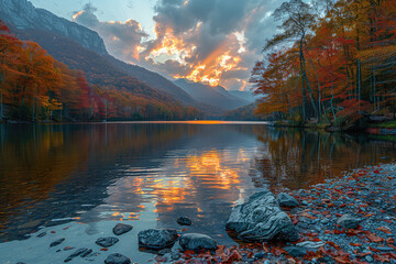A breathtaking autumn landscape, where the leaves of trees around an alpine lake have turned to vibrant hues of orange and red. Created with Ai - obrazy, fototapety, plakaty