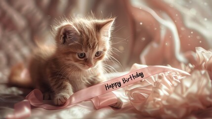 Kitten with 'Happy Birthday' ribbon in soft, dreamy light.
