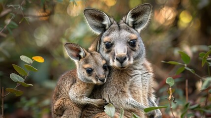 Fototapeta premium A Kangaroo Nurtures Its Joey in the Pouch, Manifesting the Purest Form of Maternal Affection.