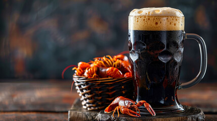 Dark beer and boiled crayfish in a rustic basket on a wooden table. - obrazy, fototapety, plakaty