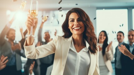 successful businesswoman celebrating a milestone achievement with her team, 