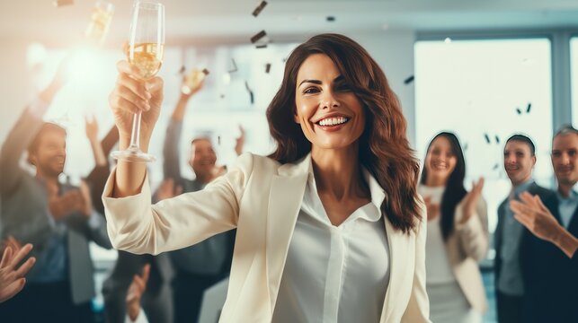 successful businesswoman celebrating a milestone achievement with her team, 