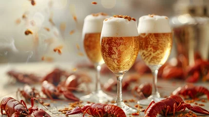 Fotobehang  Multiple beer glasses with overflowing foam surrounded by scattered malt grains. © Sergei