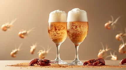 Rolgordijnen Two glasses of beer with frothy heads and flying malt grains, ideal for beverage ads. © Sergei