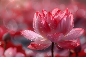 Dew-kissed Red Lotus Bloom on a Bokeh Backdrop. Concept Lotus Flowers, Nature Photography, Bokeh Background, Dew Drops, Red Bloom