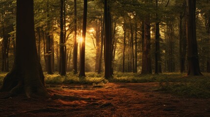 forest scene with the warm glow of sunset peeking through the trees, 