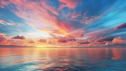 A sunset over the ocean with a colorful sky and clouds.