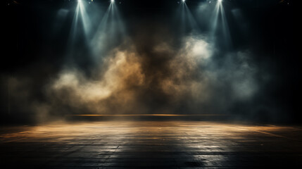 Dark background spotlight on empty studio room. Empty  studio room with smoke float up interior texture for display products  background. - 784953673