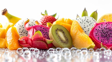 Exotic fruit assortment with water beads, a colorful and nutritious selection.