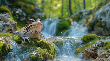 Fototapeta premium Frog camouflaged among moss-covered rocks near a babbling brook, blending seamlessly into its surroundings.