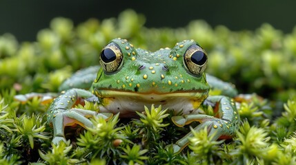 Obraz premium Frog camouflaged among moss-covered rocks near a babbling brook, blending seamlessly into its surroundings.