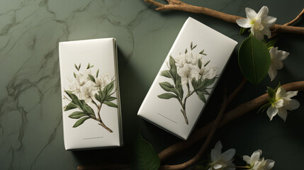 Elegant floral soap packaging with white blossoms on a dark green background.