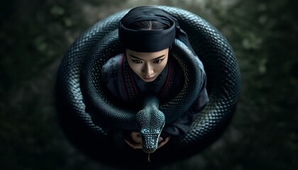 A striking portrayal of a concealed warrior encircled by a large snake, set against a moody, dark backdrop.