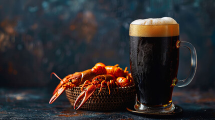 Dark beer in a mug with a foamy head beside a basket of boiled crayfish, a pub classic. - obrazy, fototapety, plakaty