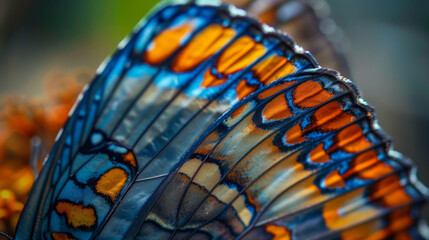 Close-up of a blue and orange butterfly wing, emphasizing intricate patterns and textures.