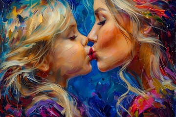 A painting of a mother and daughter sharing a kiss in electric blue hues