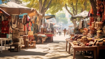street market scene with stalls selling fresh produce,