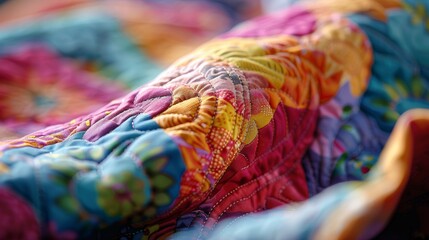 Close-up of a colorful quilt with a detailed patchwork design, emphasizing texture.