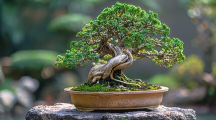 Bonsai tree gracefully adorning its pot, a living work of art symbolizing resilience, balance, and the passage of time.  - obrazy, fototapety, plakaty