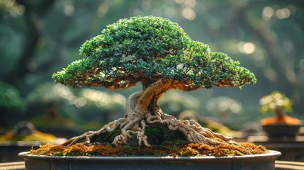 Foto op Plexiglas Intricate details of a bonsai tree carefully cultivated within its pot, embodying the timeless beauty of nature in miniature form.  © Алексей Василюк