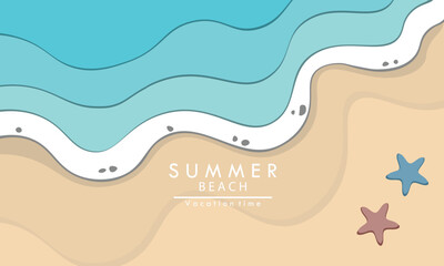 Surf and sea waves paper cut banner. Summer beach vector background with sand and ocean water surf line with 3d papercut layers of blue waves and white foam bubbles. Summer tropical beach vacation