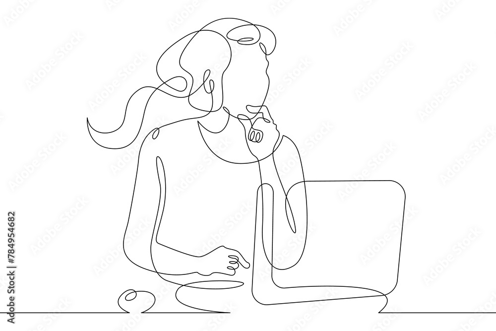 Poster one continuous line.a woman sits in front of a laptop. internet work. search for information in the 
