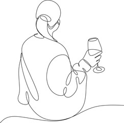 Linear drawing of a sitting girl, rear view. Abstract feminine print. Modern design for beauty logos, template emblems, cards, prints.