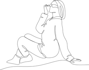 Linear drawing of a sitting girl, rear view. Abstract feminine print. Modern design for beauty logos, template emblems, cards, prints.