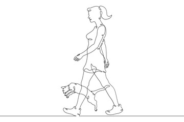 Fototapeta na wymiar One continuous line.Woman with a cat. Girl plays with a pet. Domestic cat. One continuous line drawn isolated, white background.