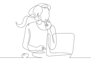One continuous line.A woman sits in front of a laptop. Internet work. Search for information in the computer. One continuous line drawn isolated, white background.