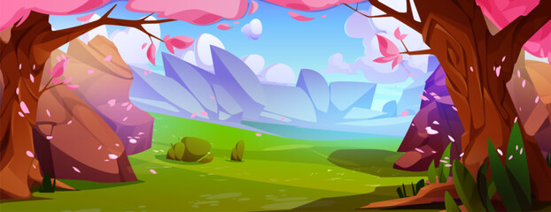 Beautiful park with sakuras and rocky stones. Vector cartoon illustration of green valley with old cherry trees in bloom, pink petals flying in air, asian natural landscape, blue sunny sky with clouds