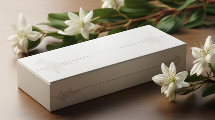  Elegant white packaging box with jasmine flowers on a wooden surface.
