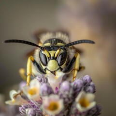 Solitary wasp its yellow vibrance a contrast to the muted backdrop of its natural habitat