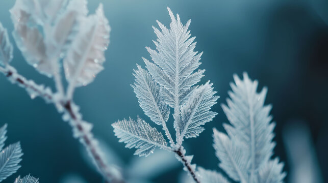 Frost-covered leaves displaying delicate ice patterns against a cool blue background.
