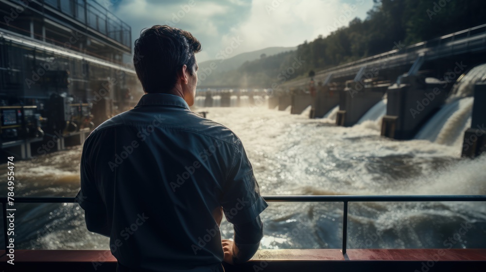 Poster engineer monitoring data from a hydroelectric power plant, standing against a backdrop of rushing wa
